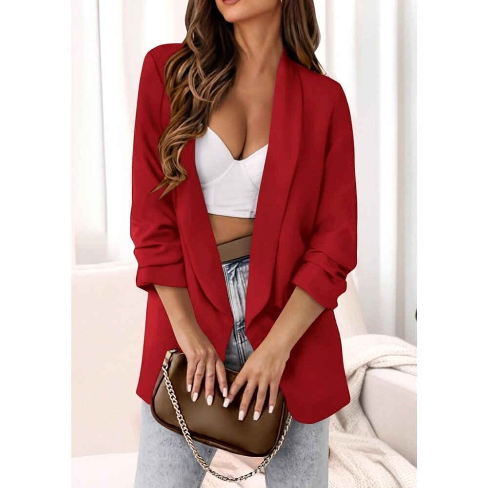 Women's Red Casual Blazer Spring Fall Fashion Long Sleeve Open Front Work - Picture 4 of 6